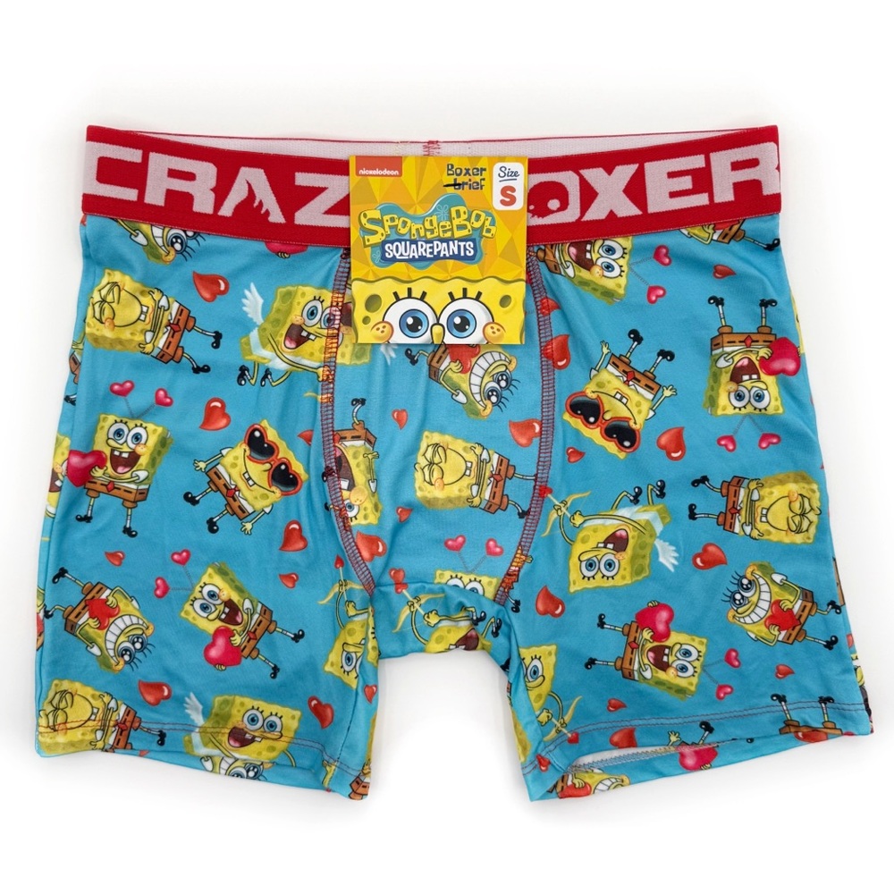 SpongeBob Crazy Boxer Briefs Mens Small Underwear Valentines Day Hearts Blue Red